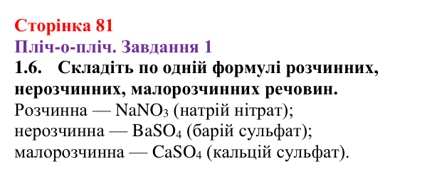 Відповідь до завдання 1.6 (с. 81) з хімії для 9 класу (Ярошенко, 2026): Ознайомлюємося з таблицею розчинності і вчимося...