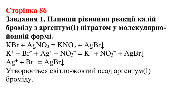 Відповідь до завдання 1 (с. 86) з хімії для 9 класу (Ярошенко, 2026): Йонні реакції в розчинах