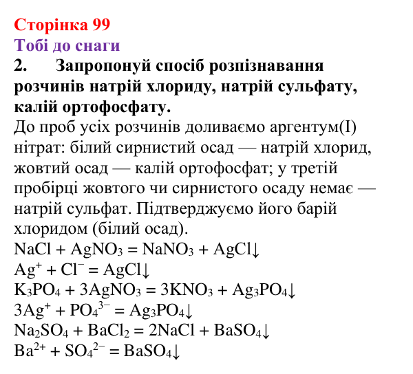 Відповідь до завдання 2 (с. 99) з хімії для 9 класу (Ярошенко, 2026): Виявлення йонів у розчинах