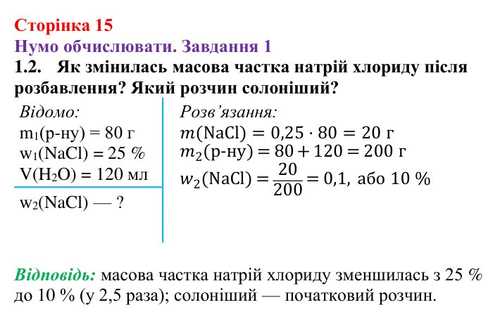 Відповідь до завдання 1.2 (с. 15) з хімії для 9 класу (Ярошенко, 2026): З’ясовуємо і застосовуємо способи вираження складу...