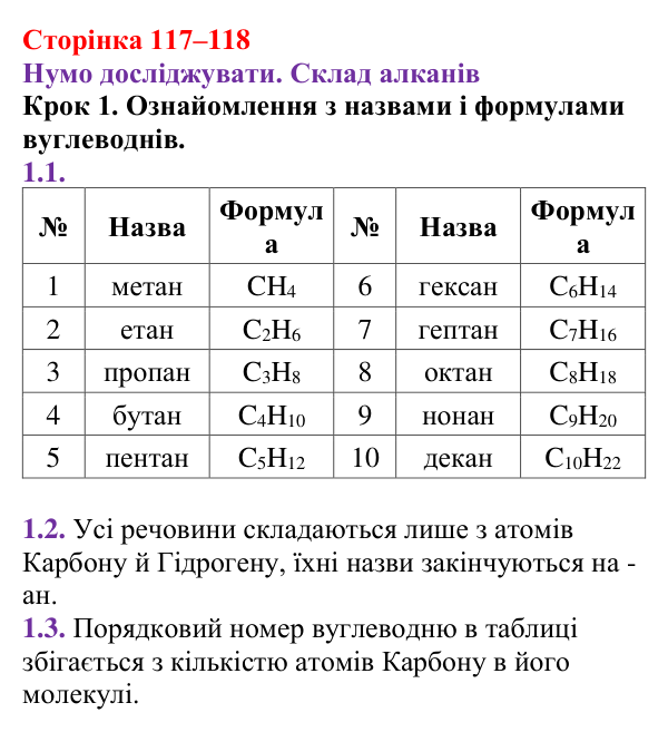 Відповідь до кроку 1 (с. 117–118) з хімії для 9 класу (Ярошенко, 2026): Вуглеводні. Поняття гомологічного ряду