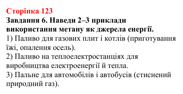 Відповідь до завдання 6 (с. 123) з хімії для 9 класу (Ярошенко, 2026): Метан як представник алканів