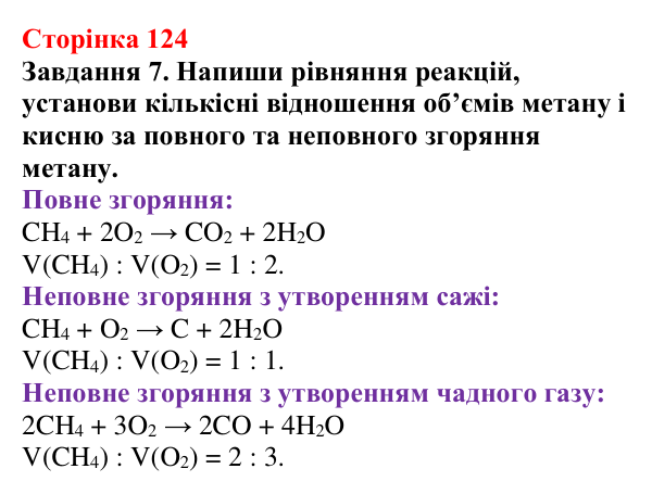 Відповідь до завдання 7 (с. 124) з хімії для 9 класу (Ярошенко, 2026): Метан як представник алканів