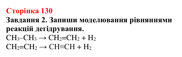 Відповідь до завдання 2 (с. 130) з хімії для 9 класу (Ярошенко, 2026): Етен C₂H₄ й етин C₂H₂ як представники ненасичених...