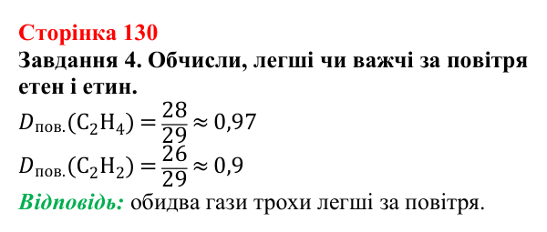 Відповідь до завдання 4 (с. 130) з хімії для 9 класу (Ярошенко, 2026): Етен C₂H₄ й етин C₂H₂ як представники ненасичених...