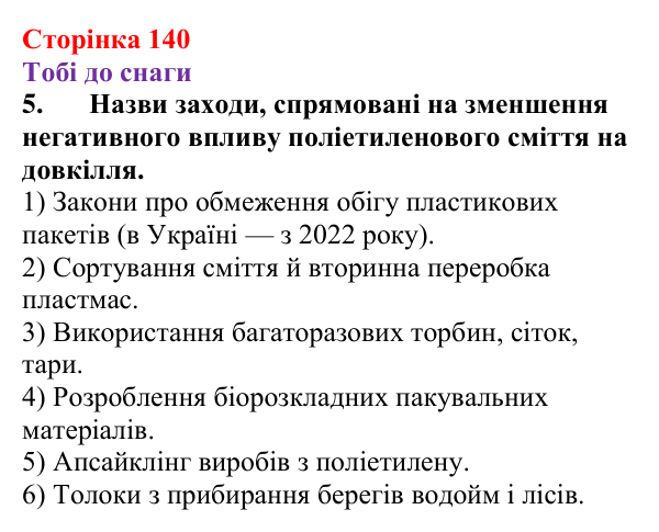 Відповідь до завдання 5 (с. 140) з хімії для 9 класу (Ярошенко, 2026): Поняття про реакцію полімеризації і полімери