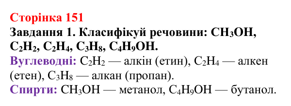 Відповідь до завдання 1 (с. 151) з хімії для 9 класу (Ярошенко, 2026): Етанол C₂H₅OH і гліцерол C₃H₅(OH)₃ як представники...