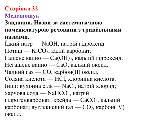 Відповідь до завдання рубрики «Медіапошук» (с. 22) з хімії для 9 класу (Ярошенко, 2026): Вчимося писати і називати формули...