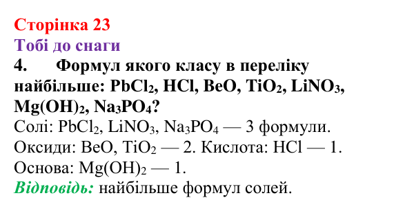 Відповідь до завдання 4 (с. 23) з хімії для 9 класу (Ярошенко, 2026): Вчимося писати і називати формули неорганічних речовин