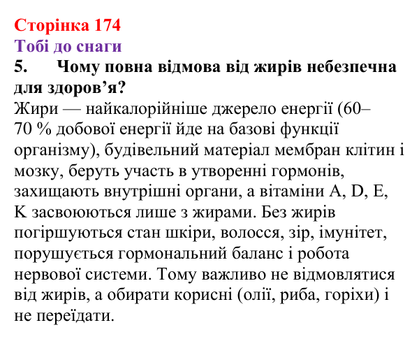 Відповідь до завдання 5 (с. 174) з хімії для 9 класу (Ярошенко, 2026): Жири, їх значення та використання