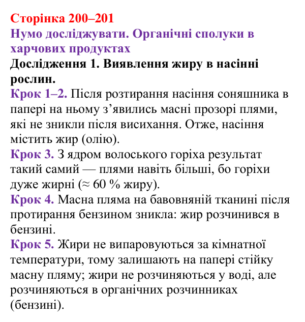 Відповідь до дослідження 1 (с. 200–201) з хімії для 9 класу (Ярошенко, 2026): Експериментальне дослідження харчових...