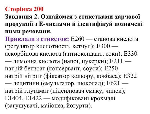 Відповідь до завдання 2 (с. 200) з хімії для 9 класу (Ярошенко, 2026): Експериментальне дослідження харчових продуктів...