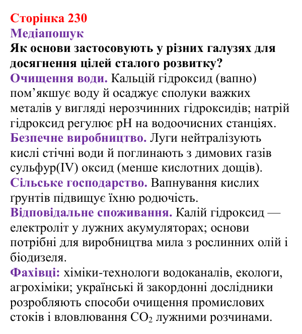 Відповідь до рубрики «Медіапошук» (с. 230) з хімії для 9 класу (Ярошенко, 2026): Основи: склад, застосування, властивості