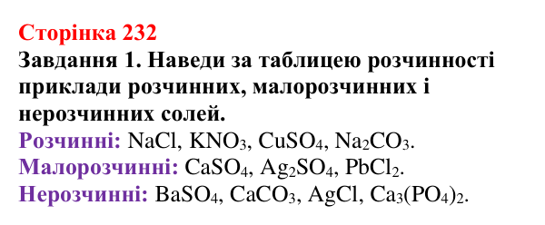 Відповідь до завдання 1 (с. 232) з хімії для 9 класу (Ярошенко, 2026): Солі: склад, властивості, застосування