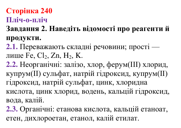 Відповідь до завдання 2 (с. 240) з хімії для 9 класу (Ярошенко, 2026): Класифікація хімічних реакцій за кількістю...