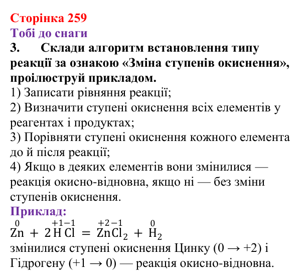 Відповідь до завдання 3 (с. 259) з хімії для 9 класу (Ярошенко, 2026): Класифікація хімічних реакцій за зміною ступеня...