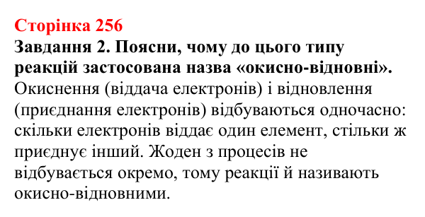 Відповідь до завдання 2 (с. 256) з хімії для 9 класу (Ярошенко, 2026): Класифікація хімічних реакцій за зміною ступеня...
