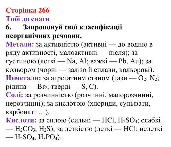Відповідь до завдання 6 (с. 266) з хімії для 9 класу (Ярошенко, 2026): Узагальнюємо результати пізнання багатоманітності...