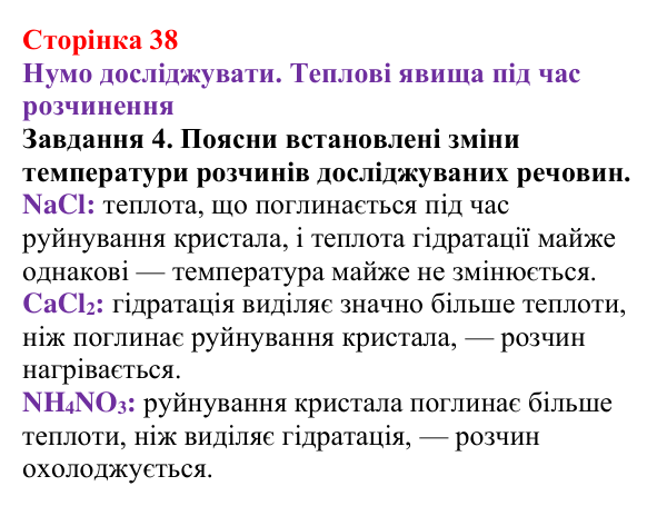 Відповідь до завдання 4 (с. 38) з хімії для 9 класу (Ярошенко, 2026): Фізико-хімічна суть розчинення