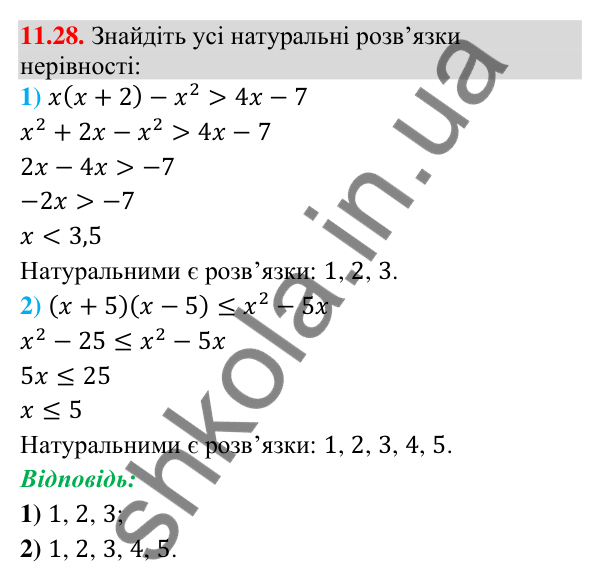 Відповідь до завдання 11.28 (с. 102) з математики для 9 класу (Істер, 2026): Лінійні нерівності з однією змінною