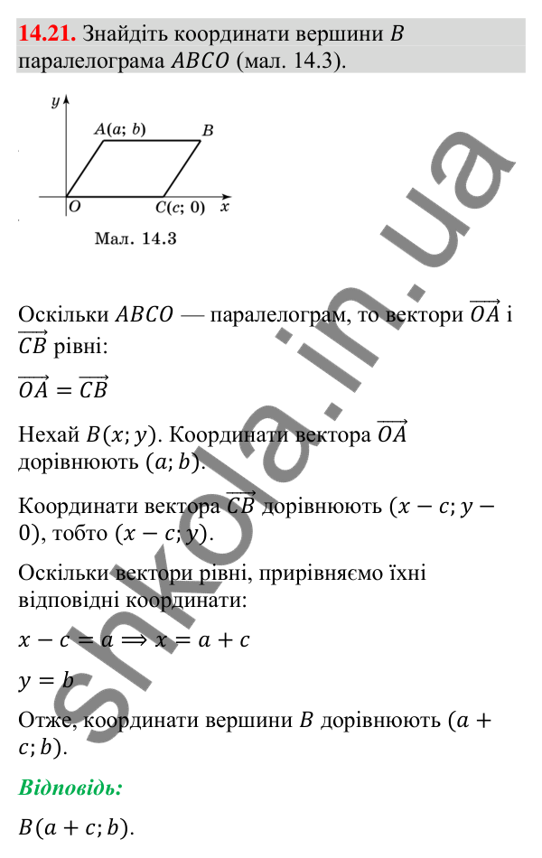 Завдання 14.21 Відповідь до завдання 14.21 (с. 135) з математики для 9 класу (Істер, 2026): Координати вектора