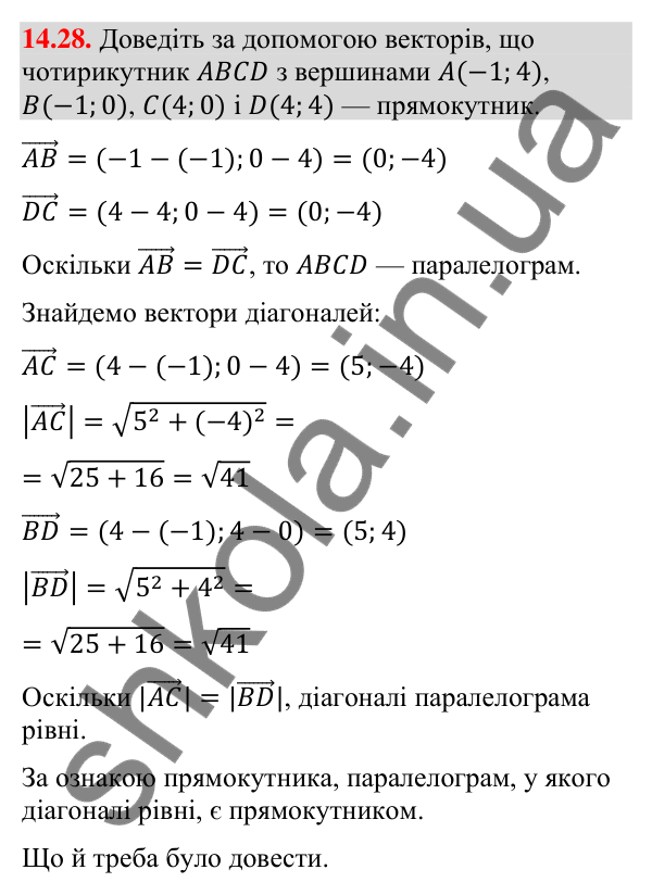 Відповідь до завдання 14.28 (с. 135) з математики для 9 класу (Істер, 2026): Координати вектора