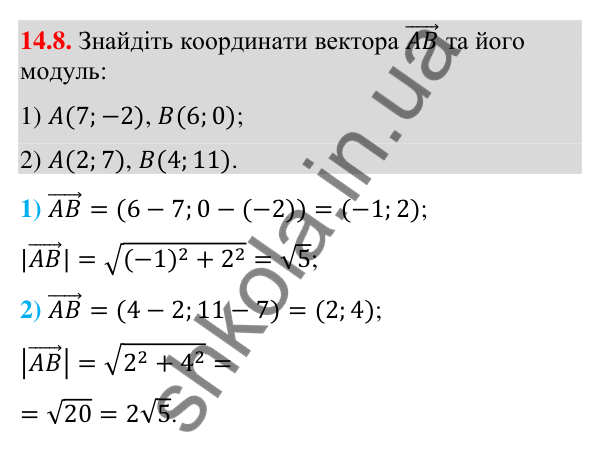 Відповідь до завдання 14.8 (с. 134) з математики для 9 класу (Істер, 2026): Координати вектора