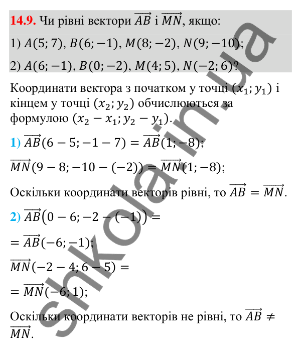Завдання 14.9 Відповідь до завдання 14.9 (с. 134) з математики для 9 класу (Істер, 2026): Координати вектора