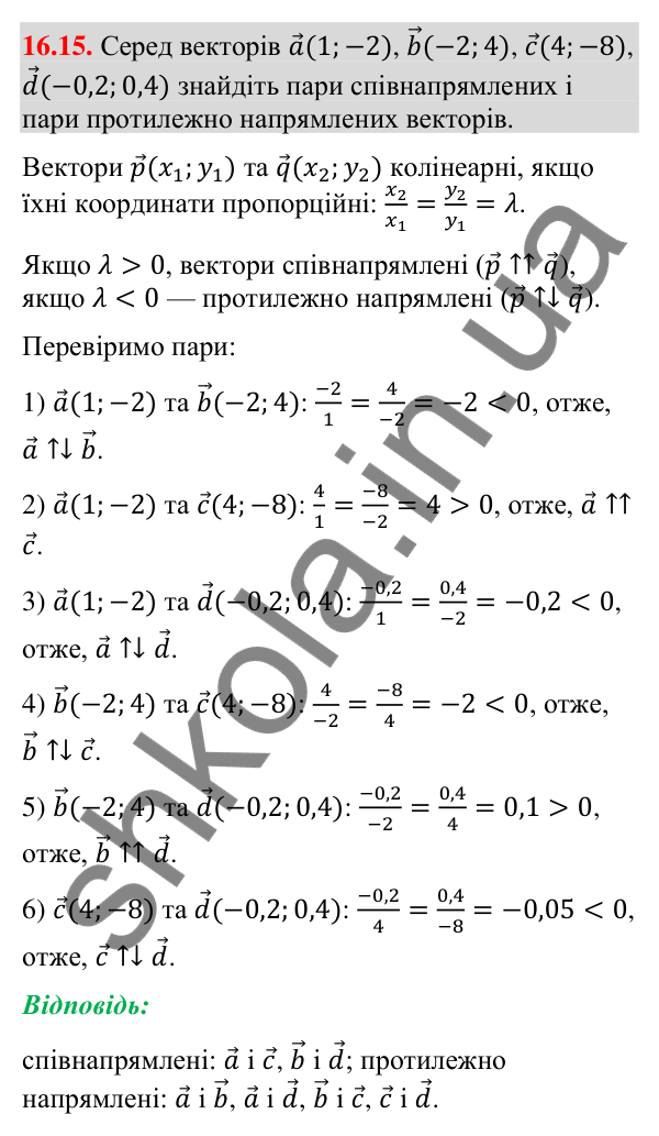 Завдання 16.15 Відповідь до завдання 16.15 (с. 144) з математики для 9 класу (Істер, 2026): Множення вектора на число