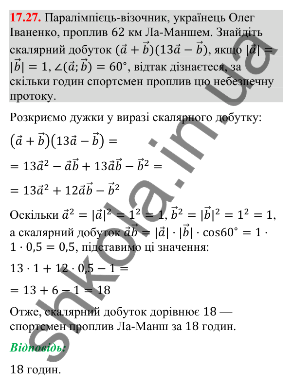 Відповідь до завдання 17.27 (с. 152) з математики для 9 класу (Істер, 2026): Скалярний добуток векторів