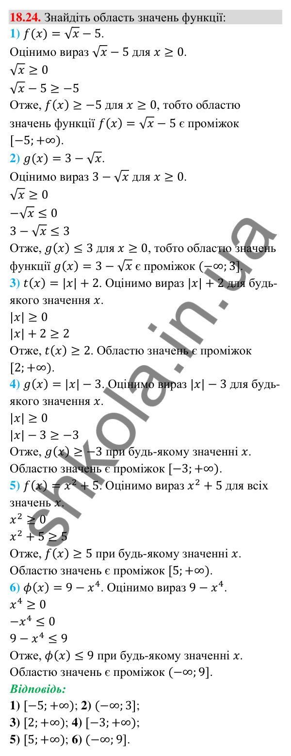 Завдання 18.24 Відповідь до завдання 18.24 (с. 171) з математики для 9 класу (Істер, 2026): Функція, область визначення і графік