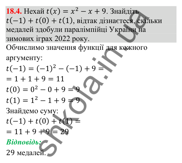 Завдання 18.4 Відповідь до завдання 18.4 (с. 169) з математики для 9 класу (Істер, 2026): Функція, область визначення і графік