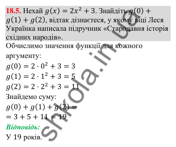 Відповідь до завдання 18.5 (с. 169) з математики для 9 класу (Істер, 2026): Функція, область визначення і графік
