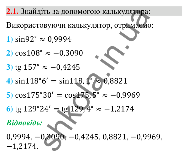 Завдання 2.1 Відповідь до завдання 2.1 (с. 25) з математики для 9 класу (Істер, 2026): Синус, косинус, тангенс кутів
