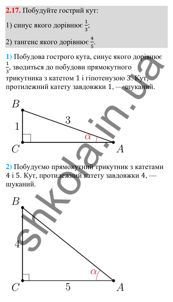 Завдання 2.17 Відповідь до завдання 2.17 (с. 26) з математики для 9 класу (Істер, 2026): Синус, косинус, тангенс кутів