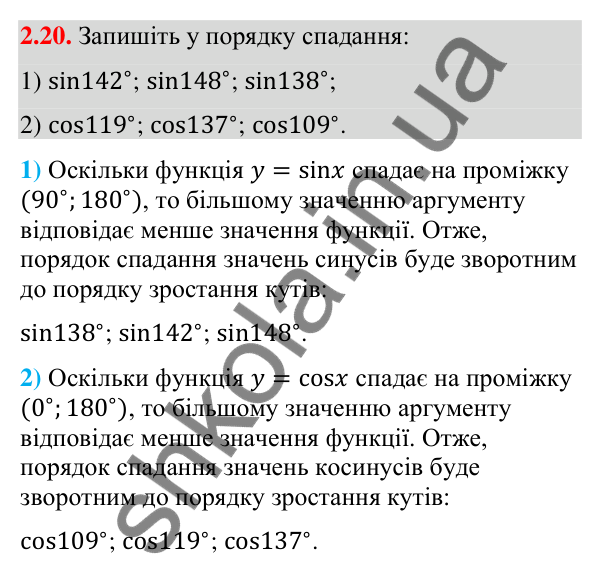 Відповідь до завдання 2.20 (с. 26) з математики для 9 класу (Істер, 2026): Синус, косинус, тангенс кутів
