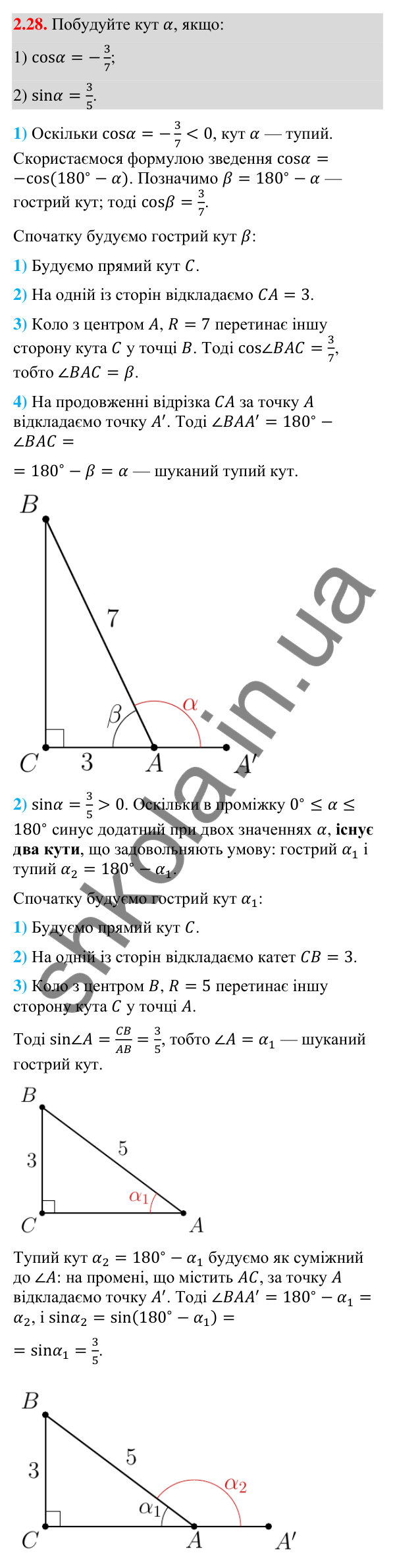 Відповідь до завдання 2.28 (с. 27) з математики для 9 класу (Істер, 2026): Синус, косинус, тангенс кутів