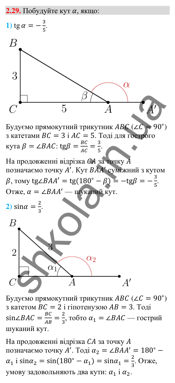 Завдання 2.29 Відповідь до завдання 2.29 (с. 27) з математики для 9 класу (Істер, 2026): Синус, косинус, тангенс кутів