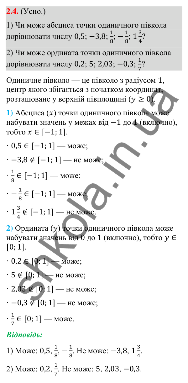 Завдання 2.4 Відповідь до завдання 2.4 (с. 25) з математики для 9 класу (Істер, 2026): Синус, косинус, тангенс кутів