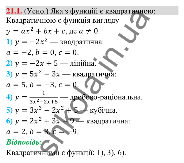 Відповідь до завдання 21.1 (с. 198) з математики для 9 класу (Істер, 2026): Квадратична функція, графік і властивості