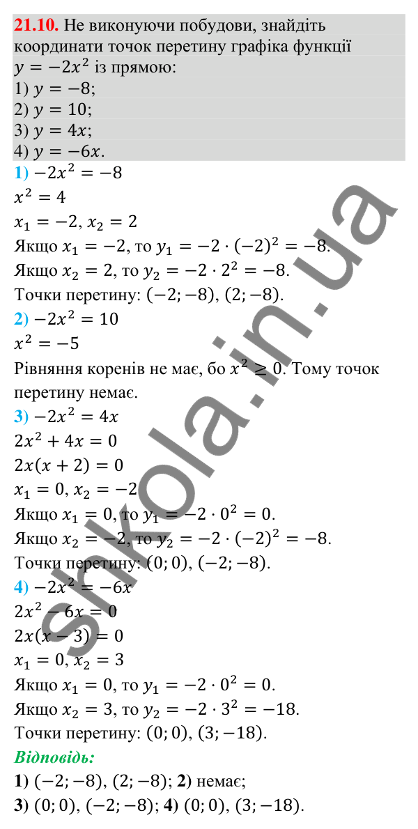Завдання 21.10 Відповідь до завдання 21.10 (с. 199) з математики для 9 класу (Істер, 2026): Квадратична функція, графік і властивості