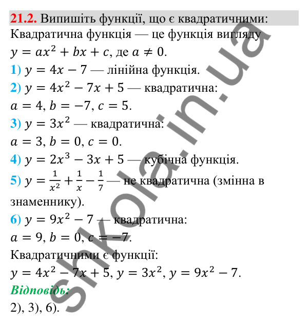Завдання 21.2 Відповідь до завдання 21.2 (с. 198) з математики для 9 класу (Істер, 2026): Квадратична функція, графік і властивості