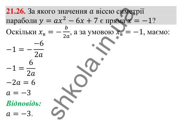 Відповідь до завдання 21.26 (с. 201) з математики для 9 класу (Істер, 2026): Квадратична функція, графік і властивості