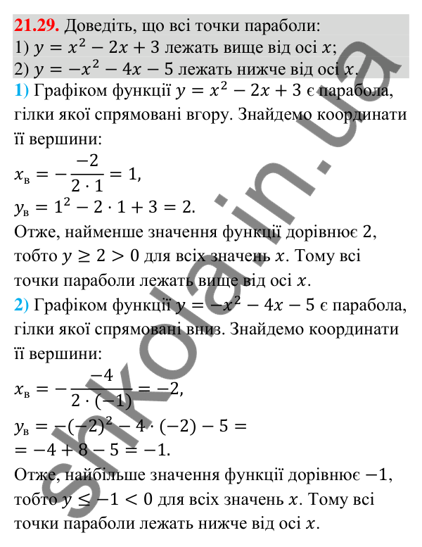 Завдання 21.29 Відповідь до завдання 21.29 (с. 201) з математики для 9 класу (Істер, 2026): Квадратична функція, графік і властивості