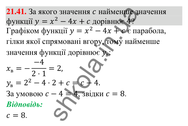 Відповідь до завдання 21.41 (с. 202) з математики для 9 класу (Істер, 2026): Квадратична функція, графік і властивості