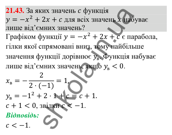 Завдання 21.43 Відповідь до завдання 21.43 (с. 202) з математики для 9 класу (Істер, 2026): Квадратична функція, графік і властивості