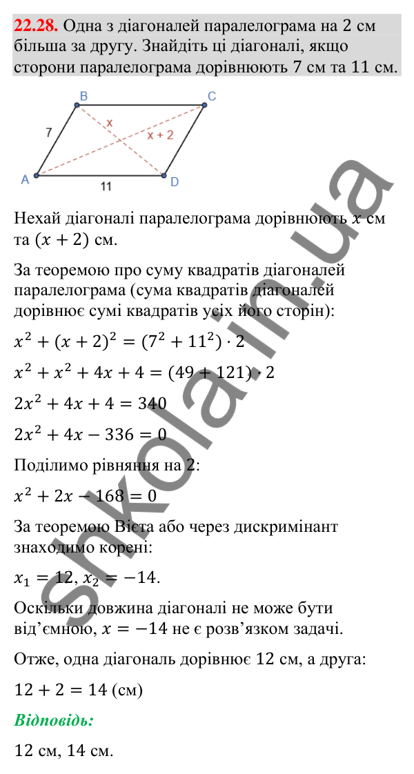 Завдання 22.28 Відповідь до завдання 22.28 (с. 218) з математики для 9 класу (Істер, 2026): Теорема косинусів