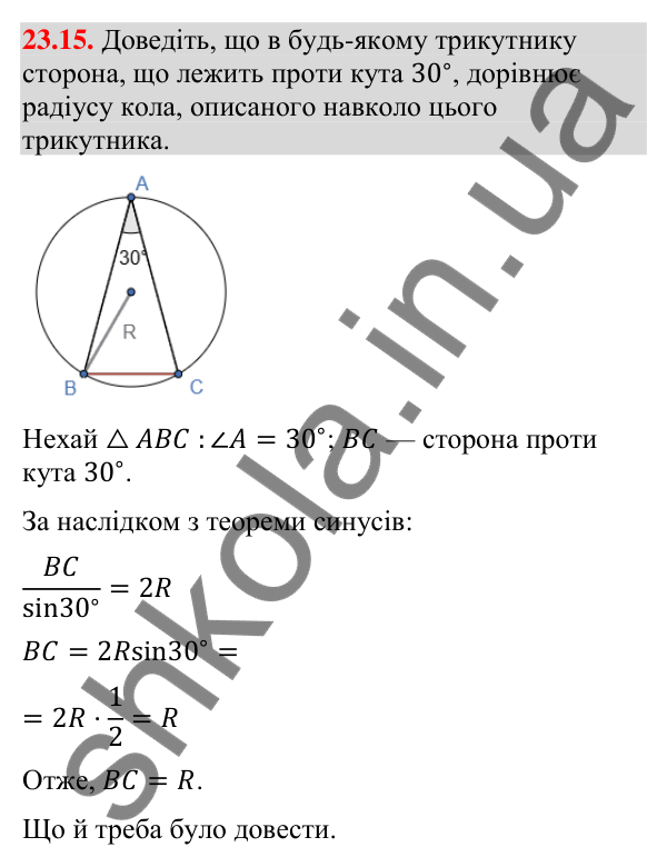 Відповідь до завдання 23.15 (с. 224) з математики для 9 класу (Істер, 2026): Теорема синусів