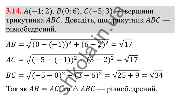 Відповідь до завдання 3.14 (с. 32) з математики для 9 класу (Істер, 2026): Координати середини відрізка