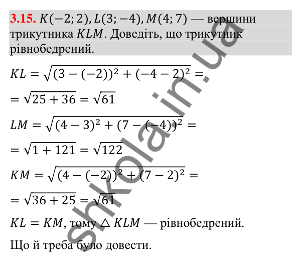 Завдання 3.15 Відповідь до завдання 3.15 (с. 32) з математики для 9 класу (Істер, 2026): Координати середини відрізка